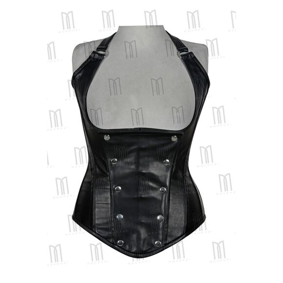 3 Layer Underbust Genuine Leather Halter Neck Corset with Removable Front Flap - Picture 1 of 3
